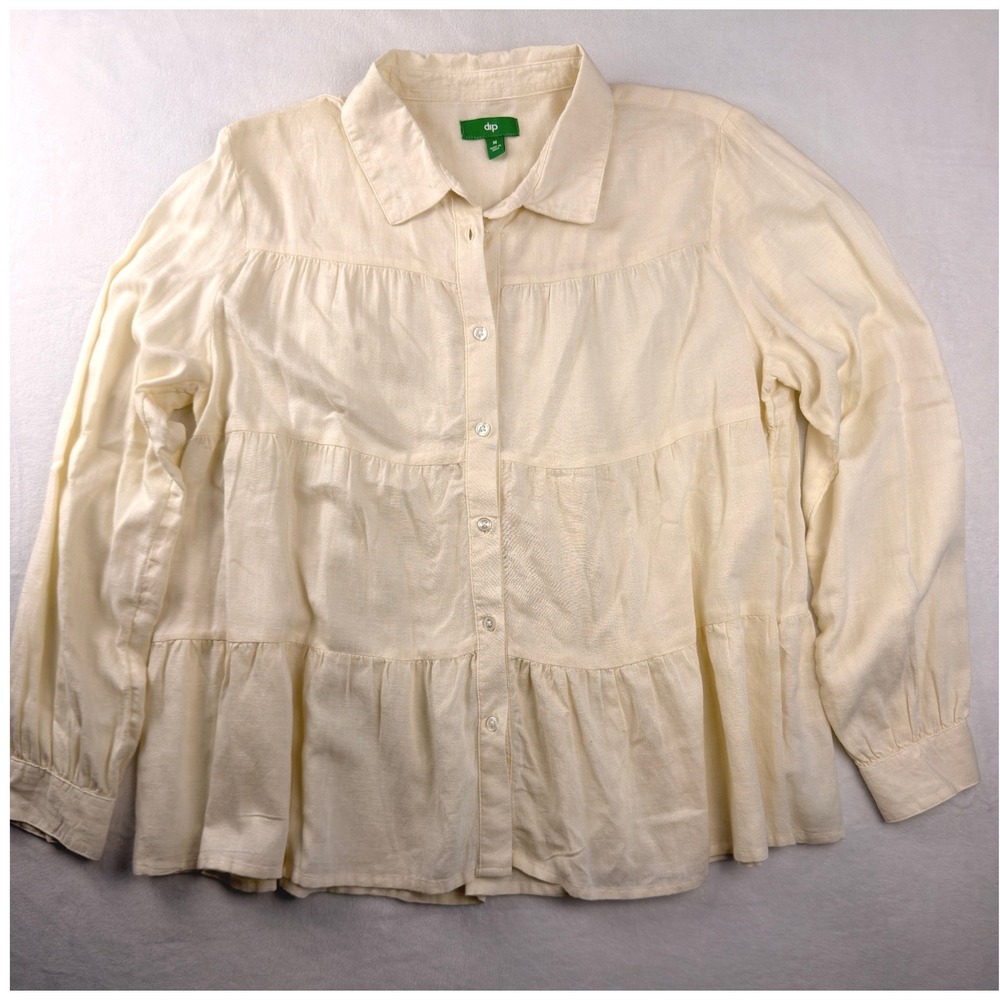 Boho Cottagecore Women Cream Tiered Linen Blend Peasant Babydoll M Long Sleeve